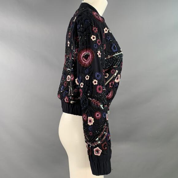 NEEDLE AND THREAD Size 4 Navy Burgundy White Embroidered Floral Bomber Jacket - Picture 3 of 14